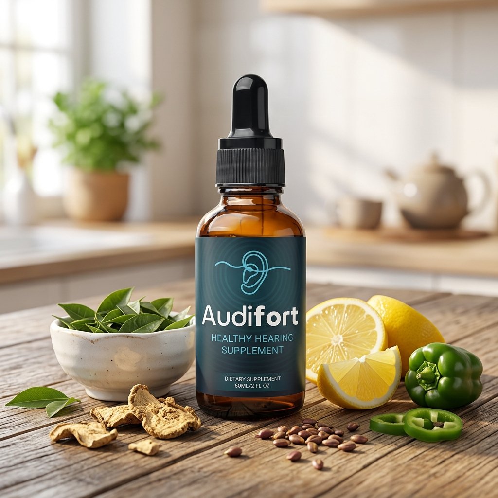Audifort bottle being opened showing dropper and natural ingredients